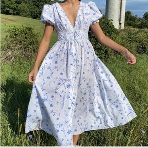 Hill House Womens Large Blue White Floral Puff Sleeve Midi Dress